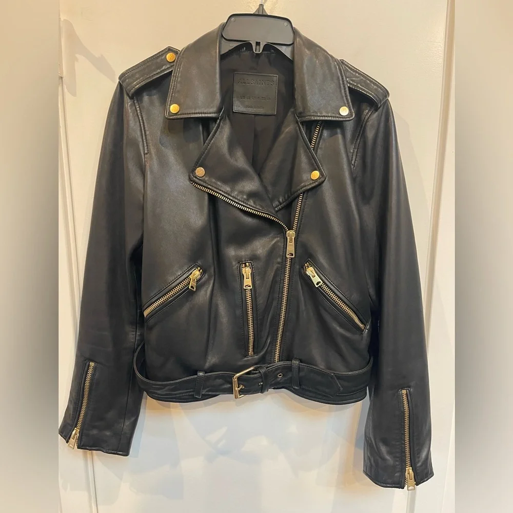 All Saints Women’s Leather Motorcycle Biker Jacket - Picture 2 of 4